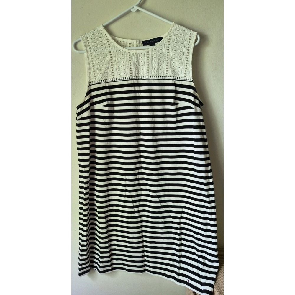 Tommy Hilfiger Black/White Striped Sleeveless Dress White Eyelet Yoke Size L